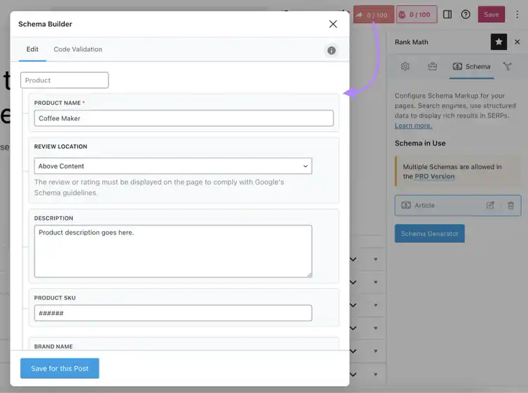 WordPress Schema Builder popup with Product schema fields including name, review location, description, SKU, and Save button