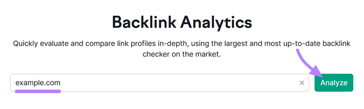 Backlinks tool with "example.com" in a search bar and "analyze" button highlighted