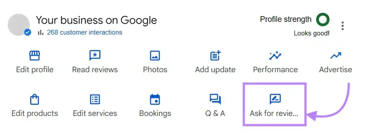 The dashboard shows options to edit your profile, add photos, look at performance, and ask for reviews.