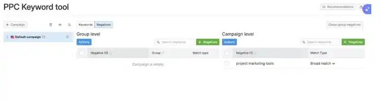 PPC Keyword Tool showing group and campaign level negative keywords