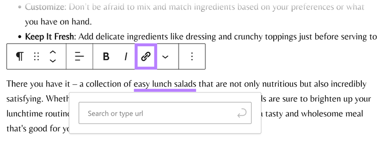 WordPress tool popup with link icon selected to reveal URL field