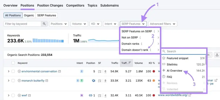 Applying a filter on the Organic Rankings tool to only show a list of keywords a domain ranks for but not in AI Overviews.