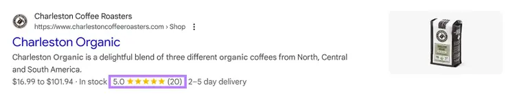 Google search results with aggregated ratings highlighted in rich snippet.