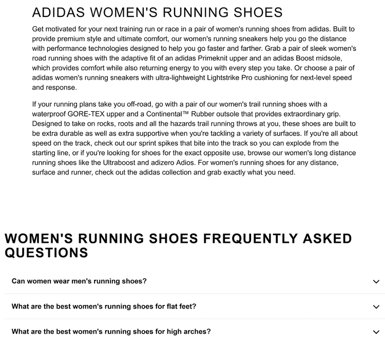 Section on Adidas Women's Running Shoes featuring product descriptions and FAQs