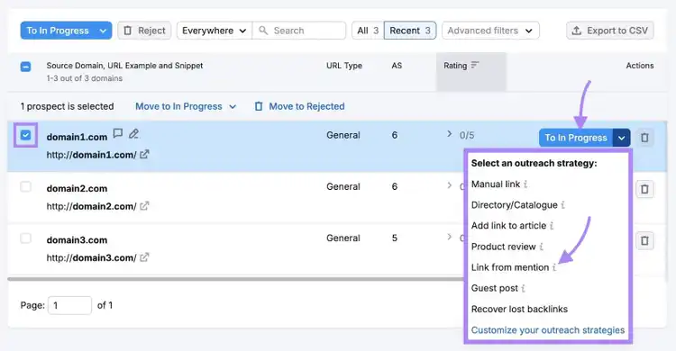 A URL selected, "To in Progress" clicked, and "Link from mention" selected from the drop-down on the Link Building tool.