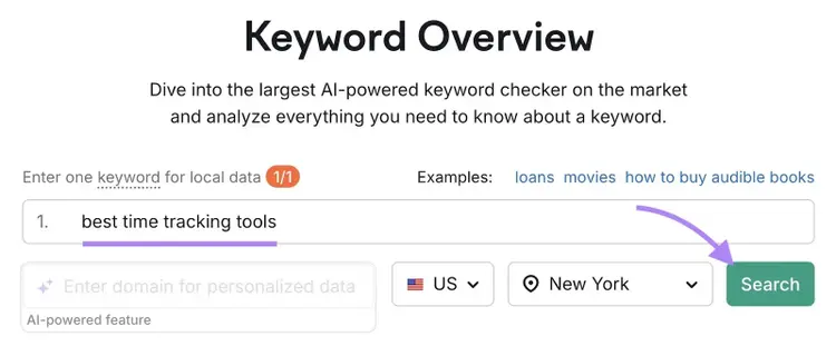 Keyword Overview tool start with "best time tracking tools" entered as the term and "Search" clicked.