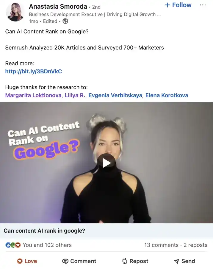 LinkedIn post: Can AI Content Rank on Google video thumbnail