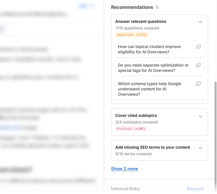 Semrush content optimization recommendations listing unanswered questions, missing subtopics, and missing SEO terms