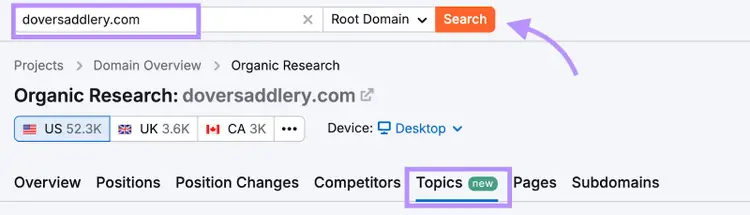 Semrush Organic Research Topics tab interface