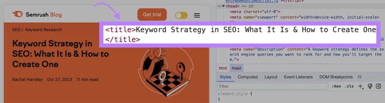 Screenshot: HTML code showing SEO title tag markup with highlighted opening and closing title tags