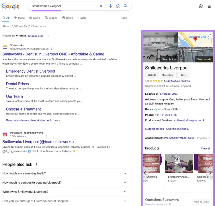 Google Business Profile for Smileworks Liverpool on SERP