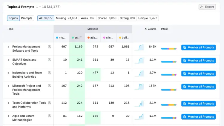 a view of the topics and prompts table in competitor research