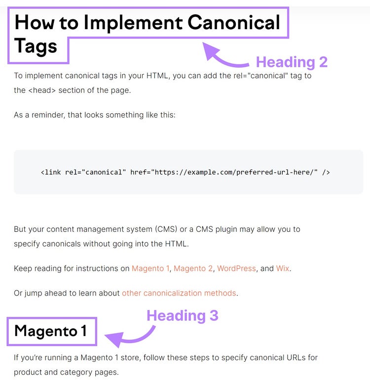 Heading 2 and Heading 3 tags as shown to users when visiting a Semrush article.