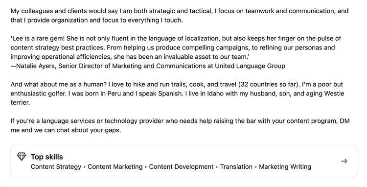 Lee Densmer's call to action invites readers to DM her if they need her services