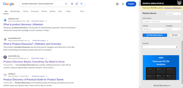 SEO Search Simulator showing search results for product discovery by location