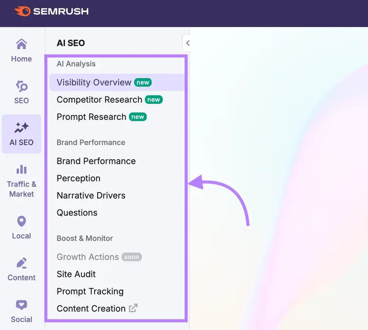 Semrush AI SEO menu with Visibility Overview, Competitor Research, Prompt Research