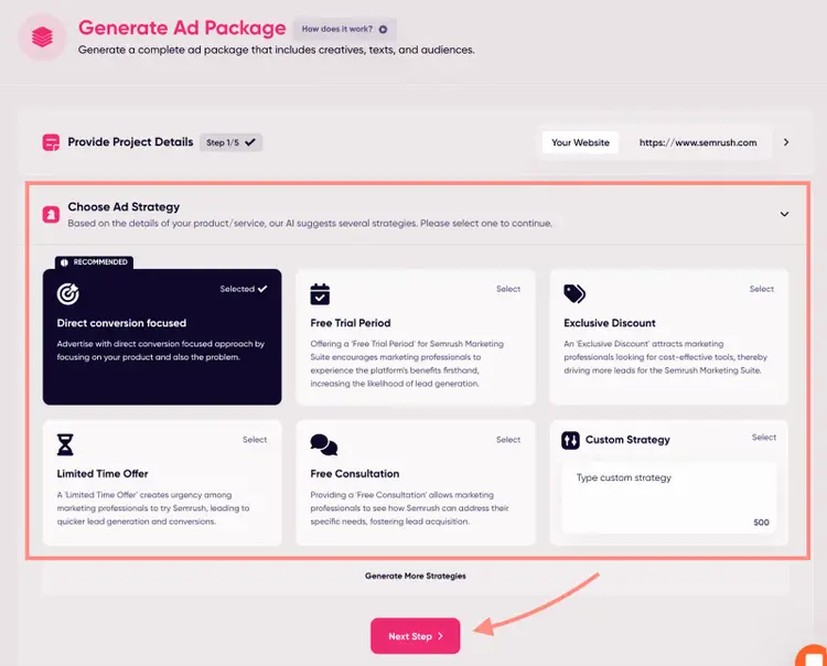 AdCreative.ai Choose Ad Strategy step showing 6 options including direct conversion, free trial, and discount.