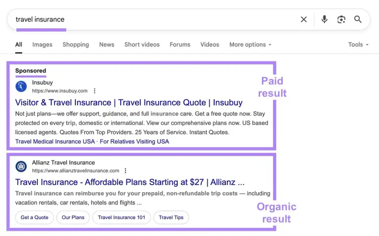 Google SERP with "travel insurance" entered as the term along with a paid result and an organic result highlighted.
