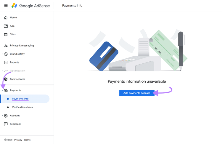 Payments info selected and arrow pointing to Add payments account button