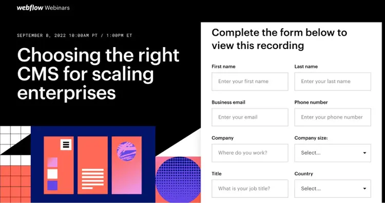 Webflow's "Choosing the right CMS for scaling enterprises" landing page with a form