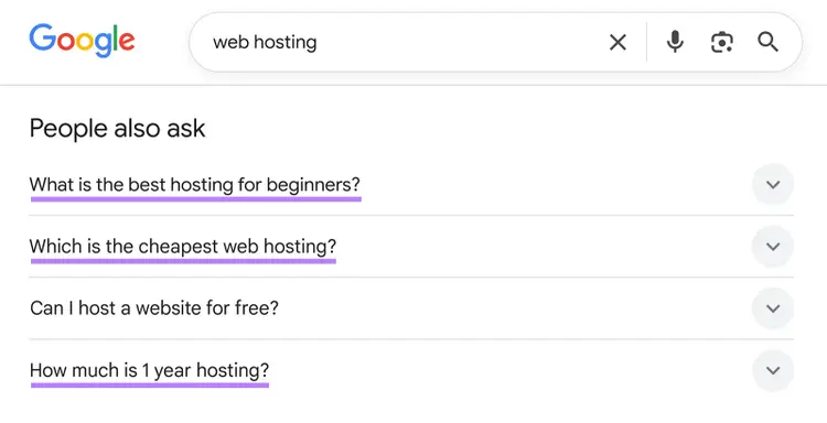 Google “People also ask” section with questions about web hosting and pricing
