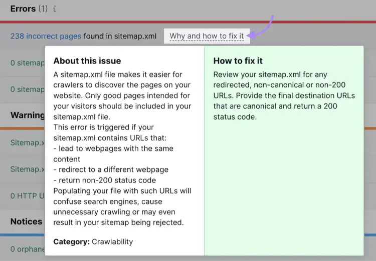 "Why and how to fix it" next to "238 incorrect pages found in sitemap.xml" clicked showing tips to fix the issue