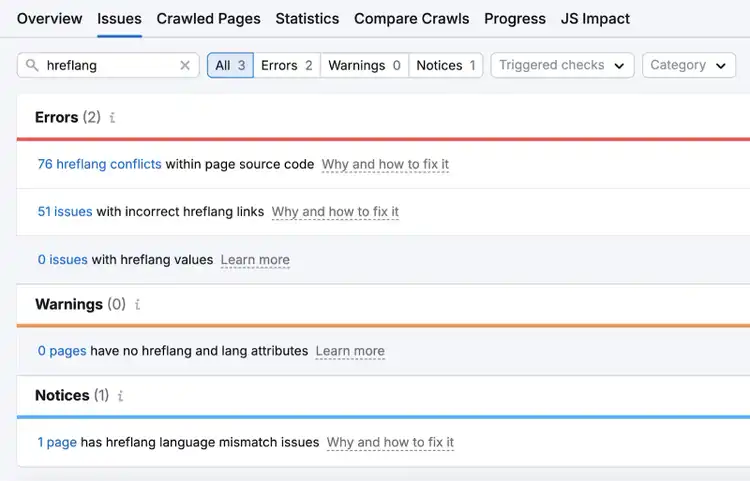 Search for hreflang in Site Audit shows how many pages have attribute and value issues as well as how to fix them.