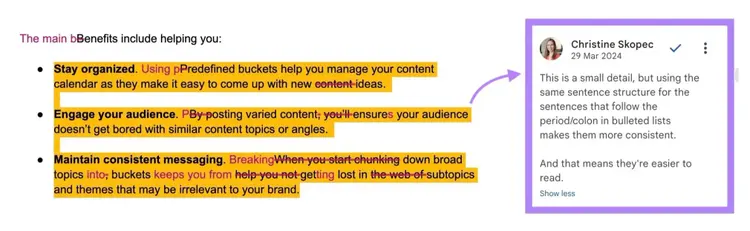 A note by the editor on an article draft explaining how using a consistent sentence structure in a bulleted list improves readability.