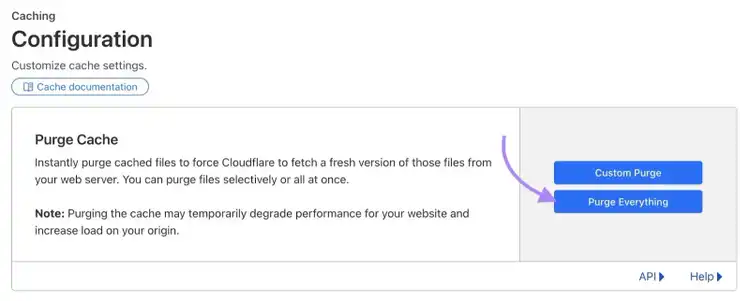 "Configuration" settings on Cloudfare with "Purge Everything" clicked.