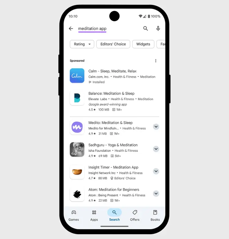 Google Play mobile search result for “meditation app”