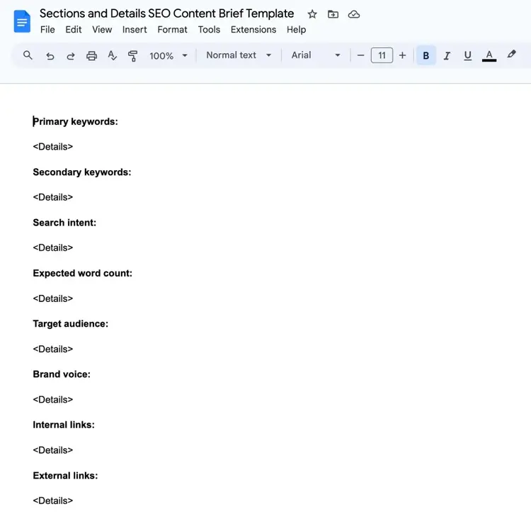 Sections and details of SEO content brief template in Google Doc