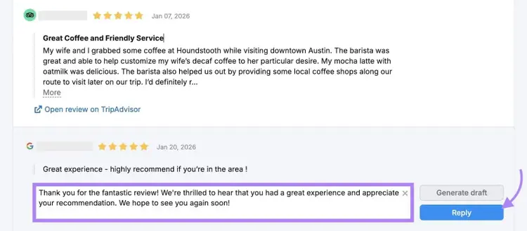 Responding a Google review with a draft generated by AI on the Review Management tool.