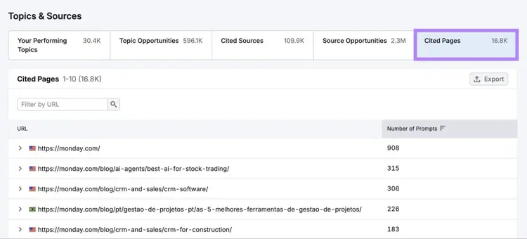 The "Cited Pages" tab on the Topics & Sources section of the Visibility Overview report showing a list of referenced URLs.