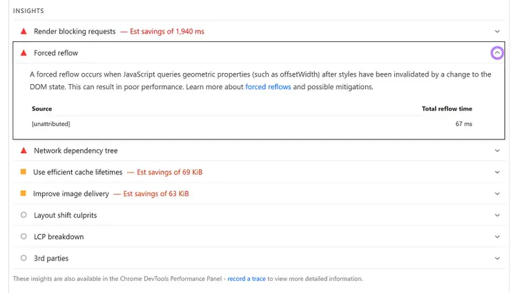Insights panel highlighting "Forced reflow" warning with performance details.