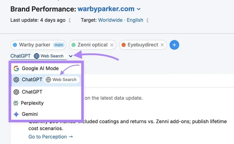 Brand Performance report with "ChatGPT Web Search" selected as the model from the drop-down.