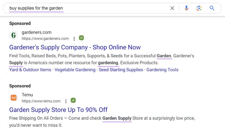 Google ads showing for the “buy supplies for the garden" query