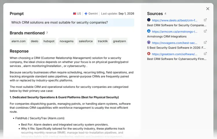 Gemini response to a CRM security prompt shows seven brands mentioned and four cited sources