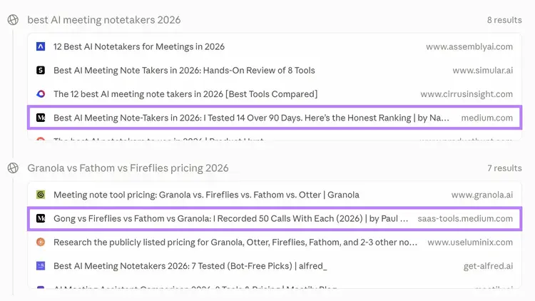 Search results for AI meeting notetakers with Medium articles highlighted as cited sources