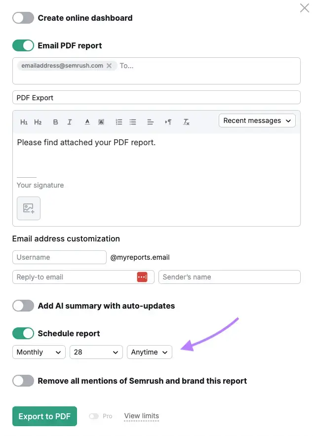 PDF report configuration dialog with email, scheduling, and summary options