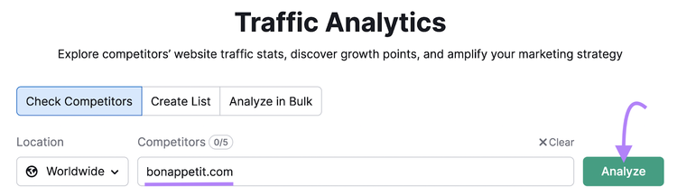 enter the brand’s domain in Traffic Analytics tool