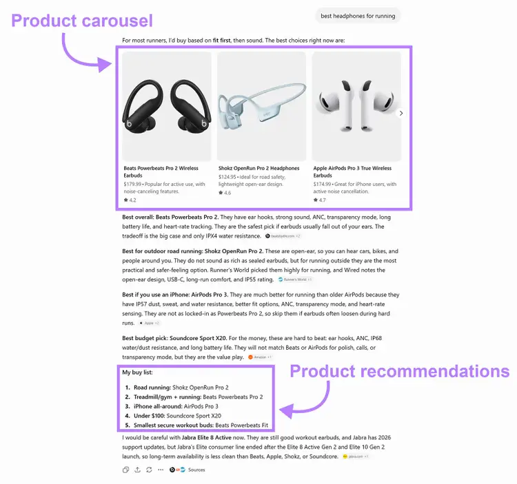 ChatGPT product carousel with running headphone recommendations and a ranked buy list