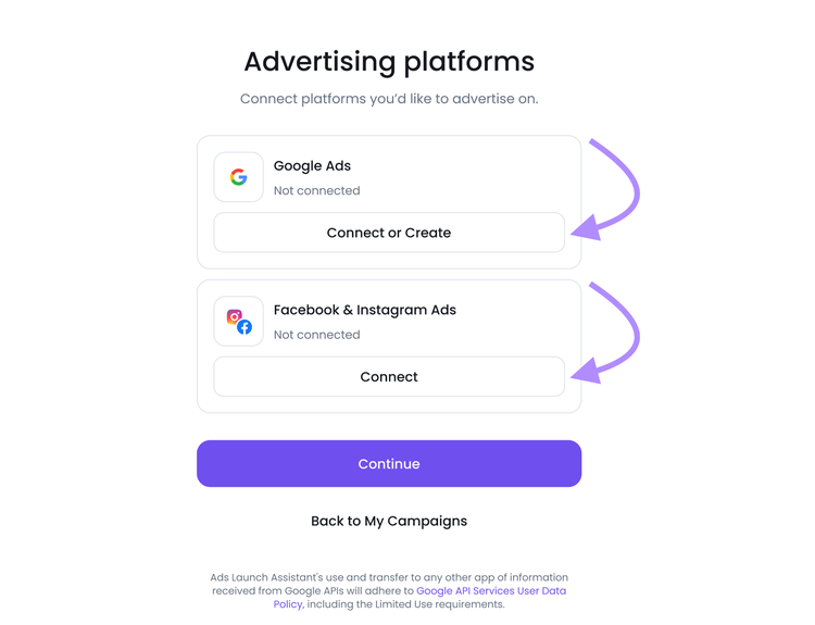 Semrush Ads Launch Assistant showing Google Ads and Facebook & Instagram Ads connection options for linking advertising accounts
