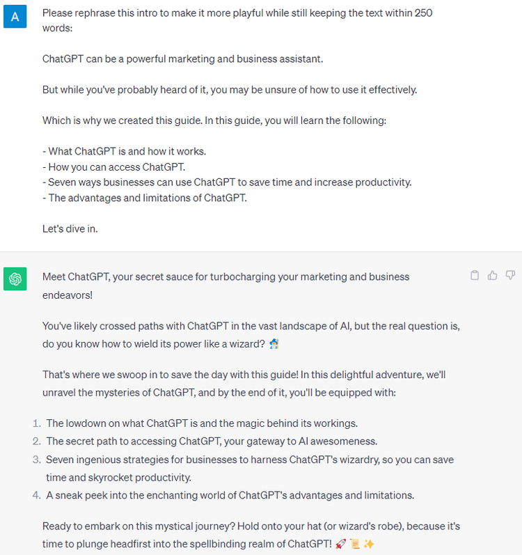 ChatGPT's response to “Please rephrase this intro to make it more playful while still keeping the text within 250 words” prompt