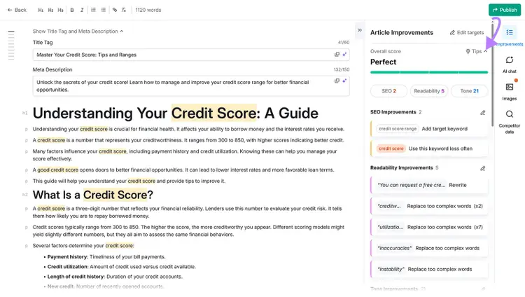 Article editor with highlighted text and arrow pointing to “Tips” in the Article Improvements panel.