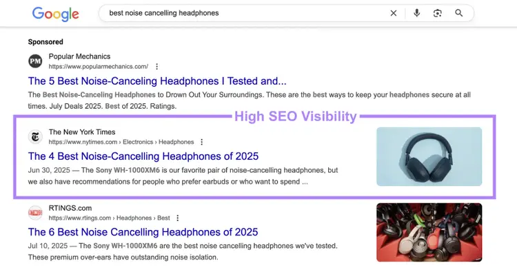 The first organic result has high SEO visibility.