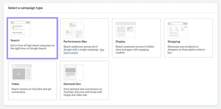 Campaign type selection screen with Search option boxed to indicate selection among campaign types.