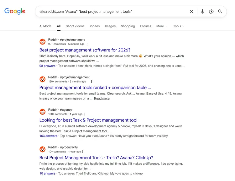 Google site search results for Reddit discussions mentioning Asana and project management tools