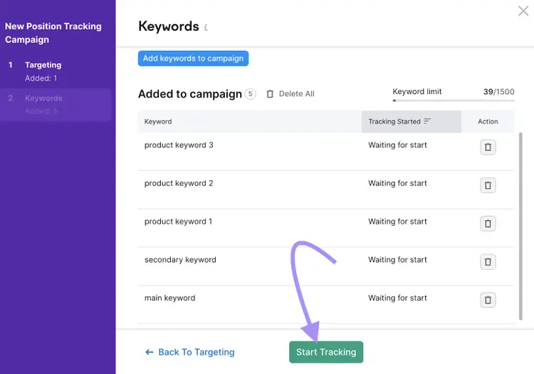 Position Tracking tool keywords settings page