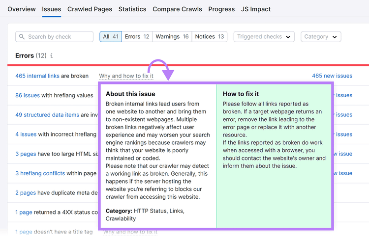 Why and how to fix it link clicked to reveal details about the issue and how to fix it