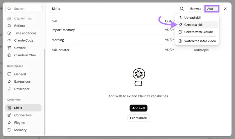 Claude Skills settings with the Add menu open and Create a skill highlighted